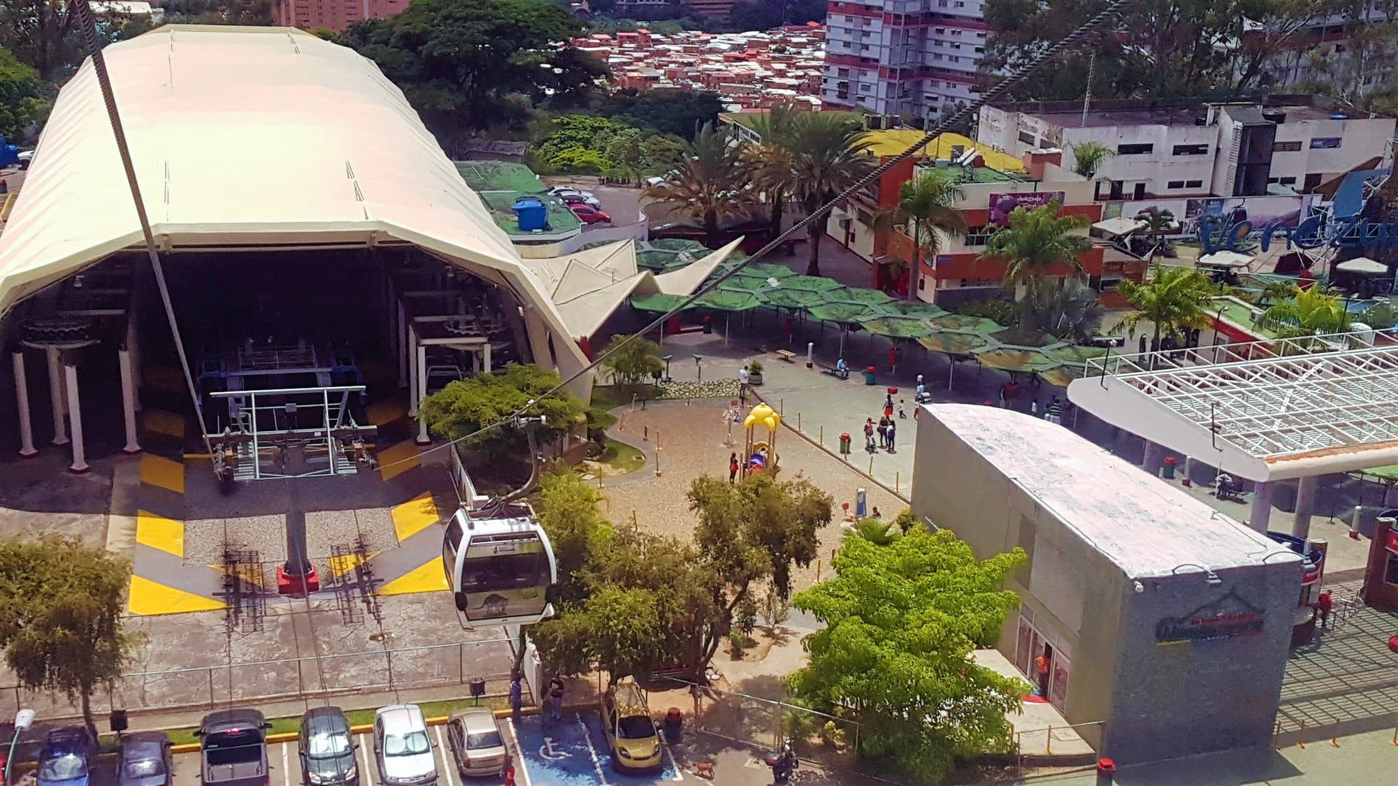 Aerial view of the Maripérez cable car station in Caracas with a gondola in the foreground