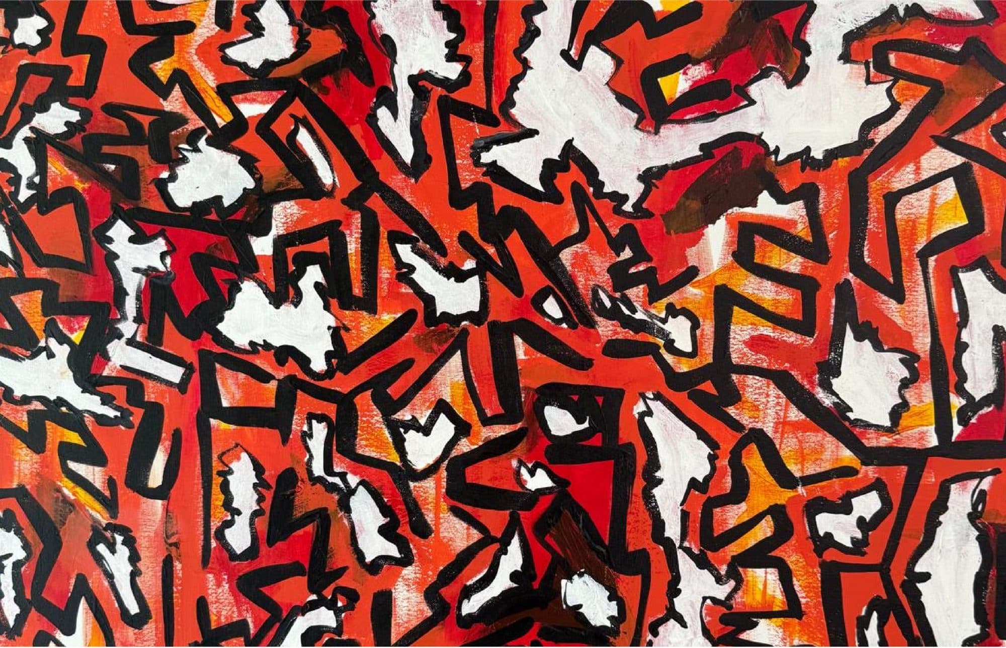 Abstract painting in red, orange and black